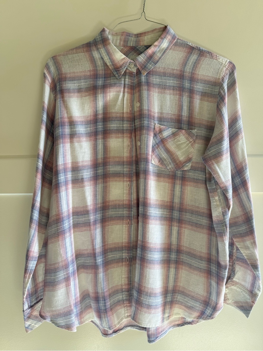 Rails Women’s Large Plaid Linen Blend Button Down Shirt Pink Blue Cream